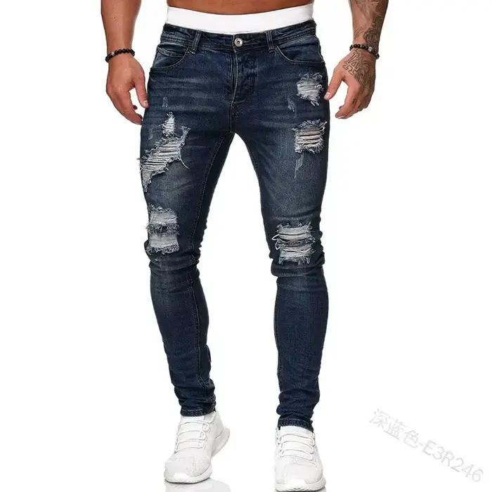 Pantalon en denim homme style punk vintage trou déchiré longueur cheville ajustement mince coupe cintrée
