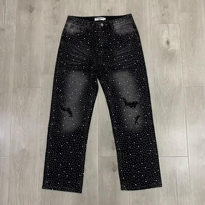Vintage brillant strass trou lavé en détresse Baggy jean pantalon pour hommes droit décontracté ample déchiré Denim