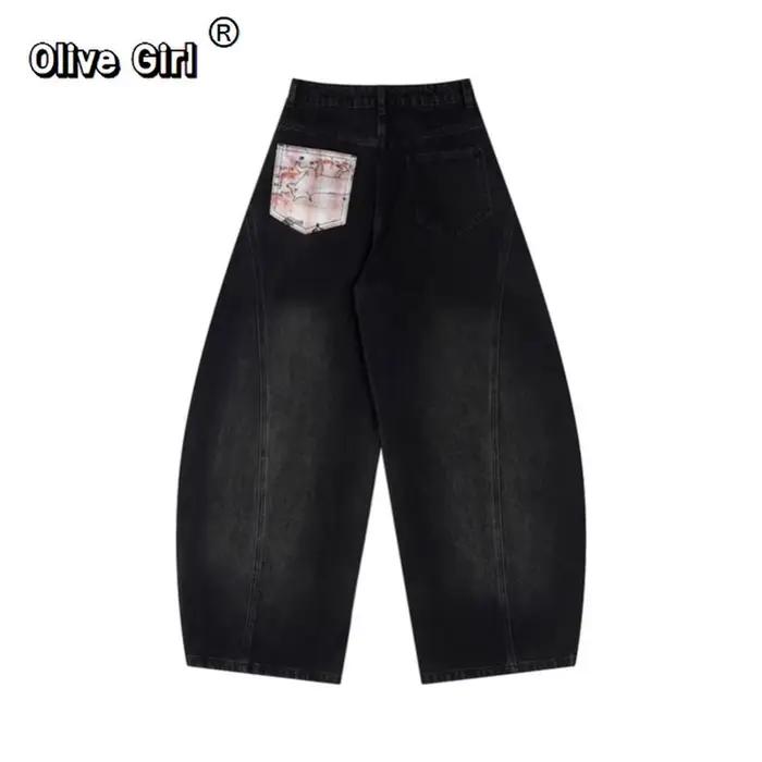 Olivegirl Denim jean américain rétro Graffiti écharpe bretelles pantalon jambe large Hiphop lapin