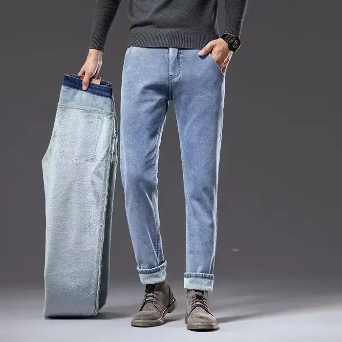 Hiver polaire épais chaud jean classique marque affaires décontracté hommes ajusté droit Stretch taille mi-haute Denim