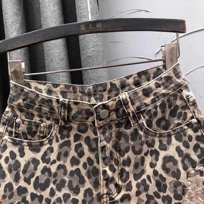 Shorts en jean taille haute imprimé léopard pour femme