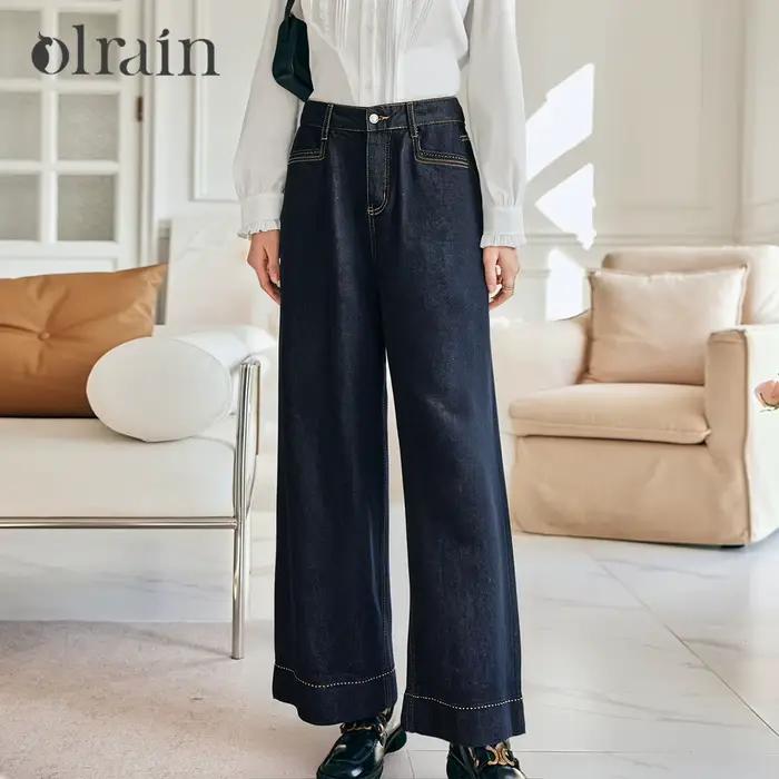 OLrain Jean rétro à jambe large pour femme