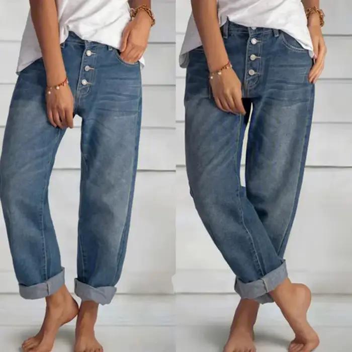 Nouveau Style ample décontracté polyvalent Simple minceur femmes bleu Denim pantalon à jambes droites jean