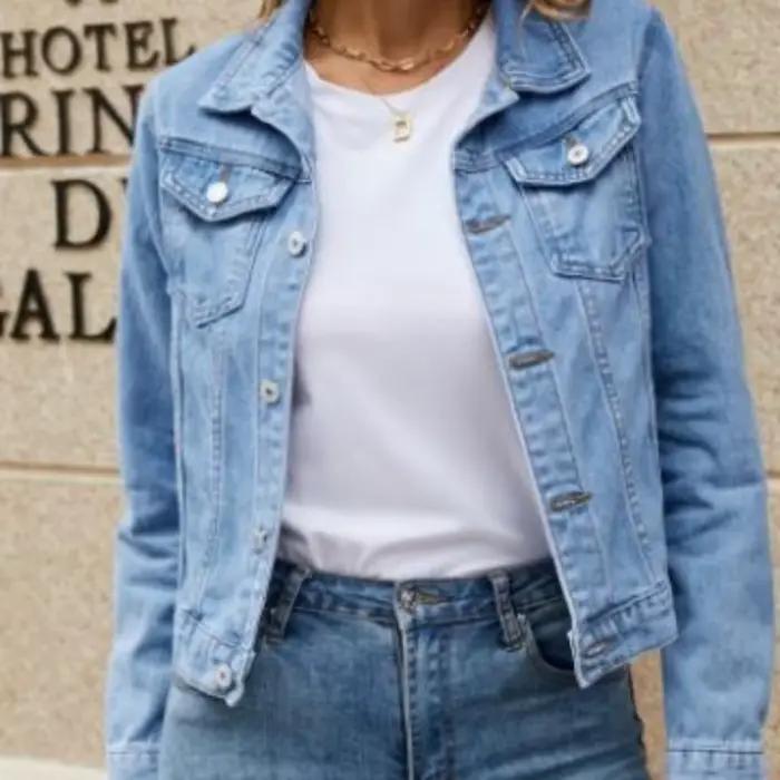 Veste en jean pour femme coupe ajustée style décontracté et tendance manches longues col rabattu pour automne et hiver occasions spéciales