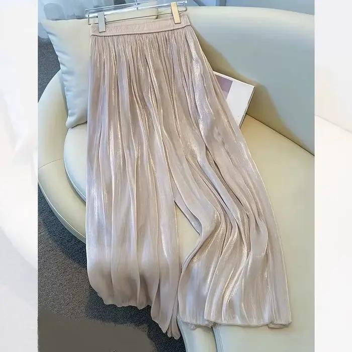 Pantalon large élastique taille haute pour femme plissé en mousseline fin et ample pour l'été pantalon droit tendance pour femme occassions décontractées et bureau ```
