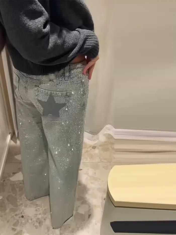 Jean chic à strass étoiles brillantes pour femme – Pantalon long droit taille mi-haute décontracté et polyvalent pour l'été et l'automne