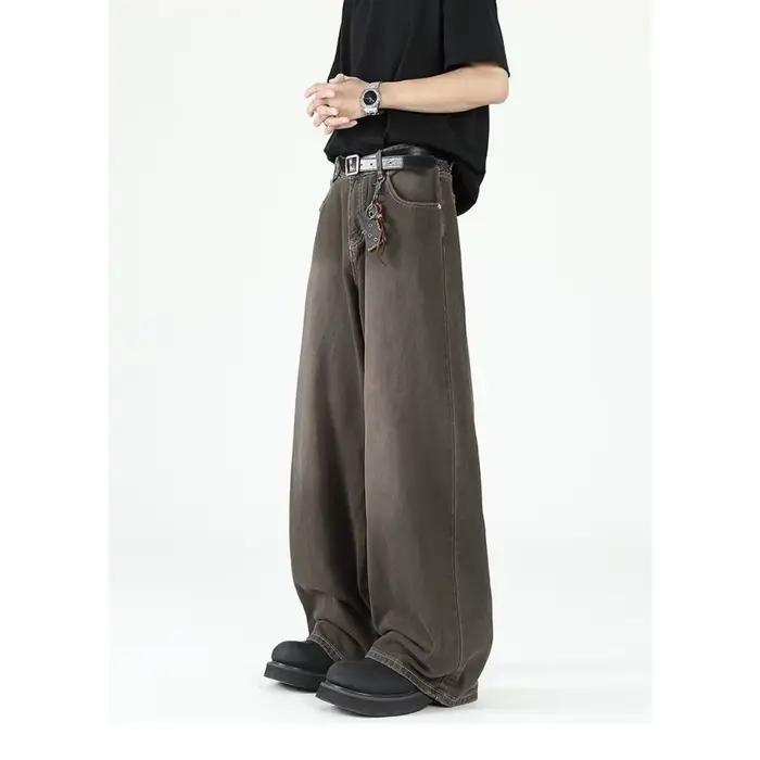 Jean ample pour homme coupe droite style urbain décontracté en denim teint rétro américain taille mi-haute avec fermeture éclair – Nouvelle collection printemps