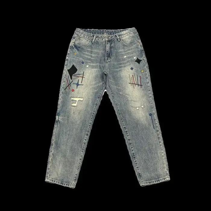 Jean brodé patché vieux lambeaux pour hommes