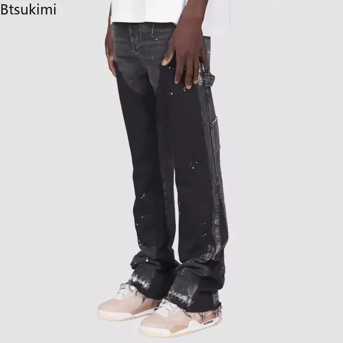 Nouveau Jean Homme Tendance Style Urbain Coupe Droite Décontractée Pantalon de Travail Américain Vintage Superposé Micro Évasé Streetwear