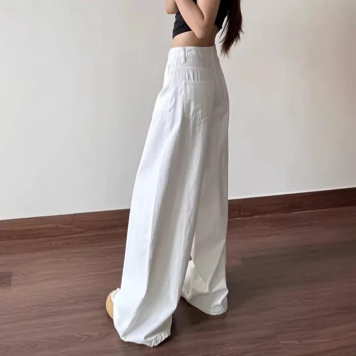 Jeans décontractés blancs taille basse coupe droite ample et large pour femme