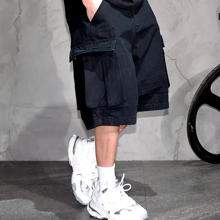 Short Cargo japonais coréen pour hommes, en coton épais, 5 pouces, Premium, en détresse, Streetwear, pantalons décontractés tendance, été