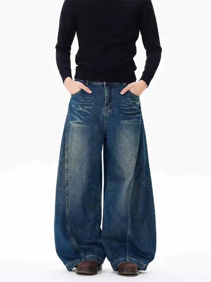 Vintage noir lavé Baggy jean pantalon hommes jambe large lame incurvée