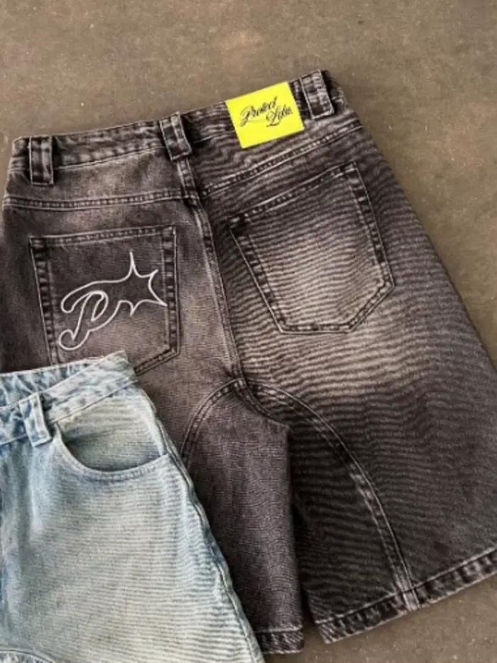 HOUZHOU Y2k Vintage Harajuku jean court femmes lavé broderie américain rétro homme Denim Jorts Baggy Hip Hop Streetwear été