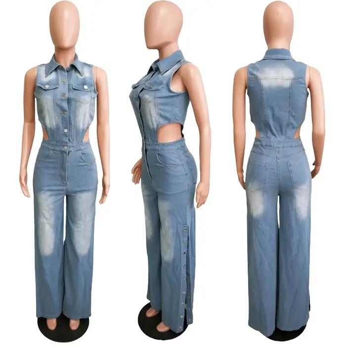 Combinaisons en denim pour femmes, une pièce, col rabattu, salopette, gaine, sexy, droite, longue, pantalon, barboteuses, coupe couvertes, polyester, drap fin, décontracté, automne hiver