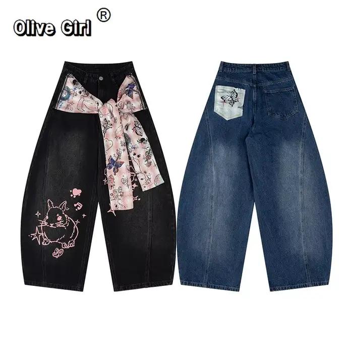 Olivegirl Denim jean américain rétro Graffiti écharpe bretelles pantalon jambe large Hiphop lapin