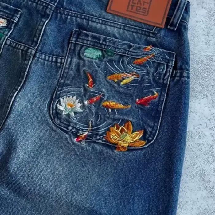 Jeans pour hommes brodés motif poisson-roux et tigre