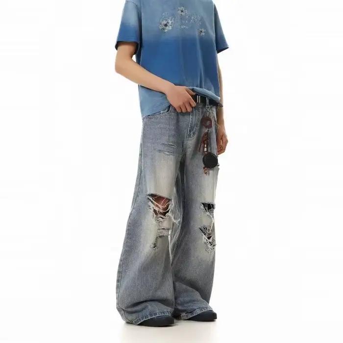 2025 automne haute rue déchiré Jean pour hommes Y2K Vintage droit Baggy Denim pantalons Hombre Hip Hop mode en détresse