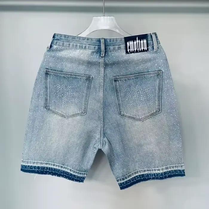 EMOTION mixte clouté lettrage Denim Shorts jean pour hommes femmes Hip Hop Vintage bleu Baggy