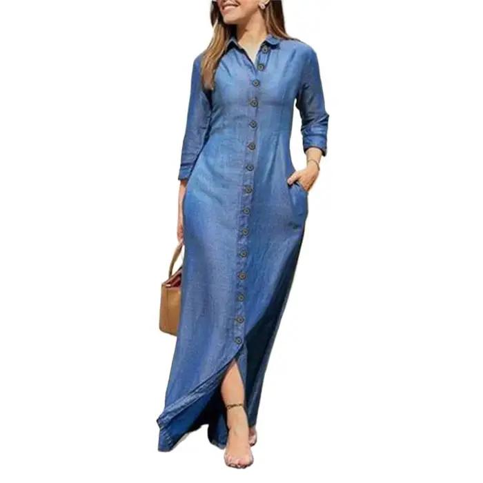 Femmes longue Denim Blouse robe été femme col rabattu à manches longues bouton ample Maxi maillots de bain robes JYFS-5542