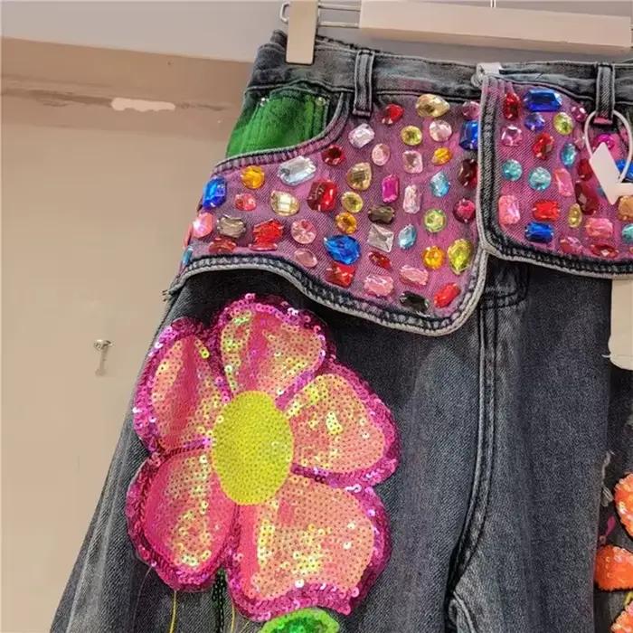 Mode strass lavé déchiré graphique Jean Style de rue femmes Denim pantalon taille haute perlé paillettes jambe droite