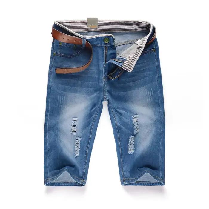 2025 été nouveau Streetwear déchiré Denim Shorts hommes mode décontracté trou Vintage bleu ciel jean court mâle marque vêtements