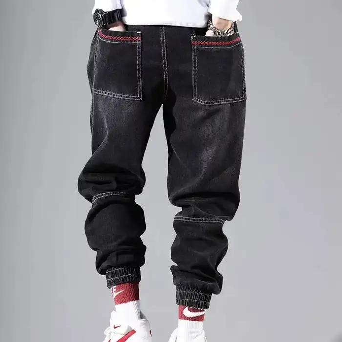 Mode coréenne cheville bande Denim hommes jean noir gris Cargo pantalon