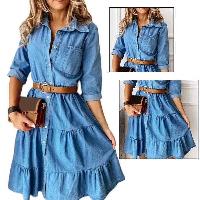 Robe en jean manches trois quarts avec ceinture col rabattu printemps automne boutons à volants robes