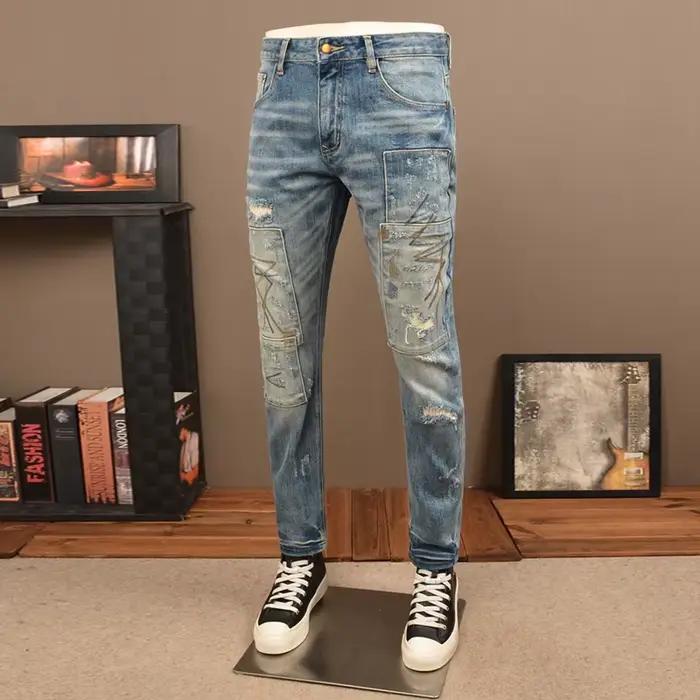 Street Designer Mode Hommes Jeans Rétro Bleu Stretch Broderie Patché Mince Déchiré