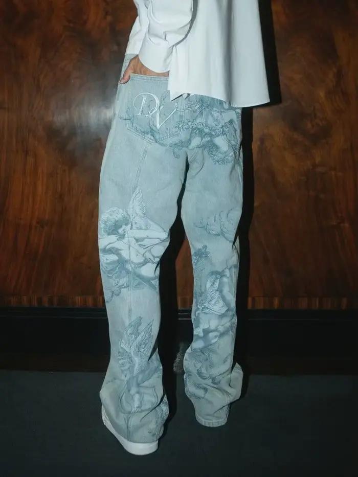 Jeans unisexes BiggOrange bleu clair vintage coupe droite avec imprimé angel Cupid pour hommes style hip-hop américain ocasions shopping