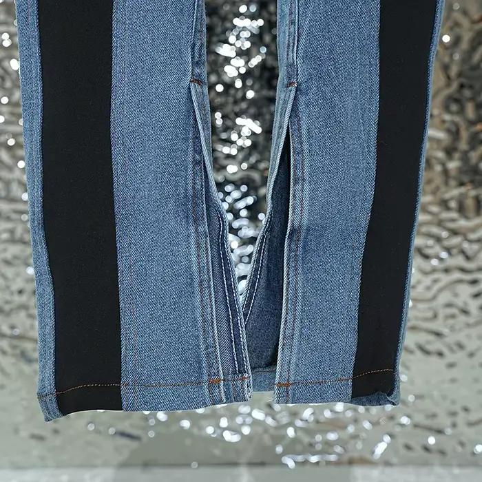 DEAT 2026 Nouvelle Collection Automne – Jean Femme Patchwork Contraste de Couleurs, Taille Haute Extensible, Fendu, Long – 1DF2575