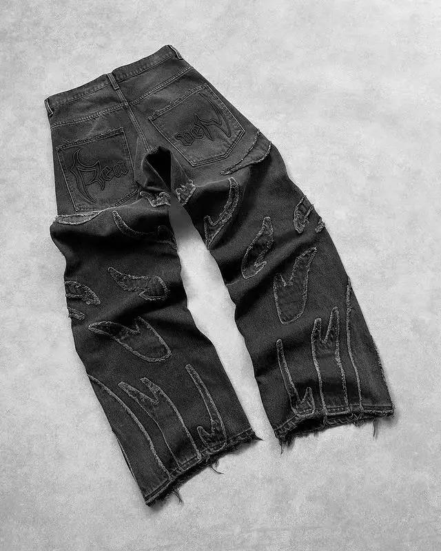 Jeans MLSJSHIQI Y2K Harajuku Retro Graphique Patch Noir Baggy Jean Jambe Large Hommes Femmes Occasions Décontractées