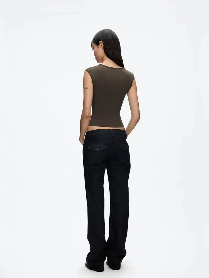 Pantalon en jean uni à taille basse et effet froissé Tank Floral