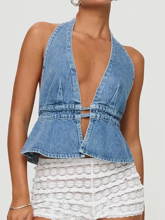 Gilet en denim pour femme, haut court avec col en V profond, style high street, été, coton et polyester, sans manches, dos ouvert, pour occasions estivales et streetwear