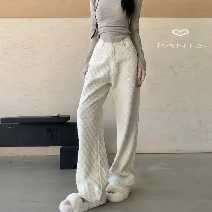 Plaid Jacquard jambe droite pantalon femmes printemps automne coton jean décontracté taille haute