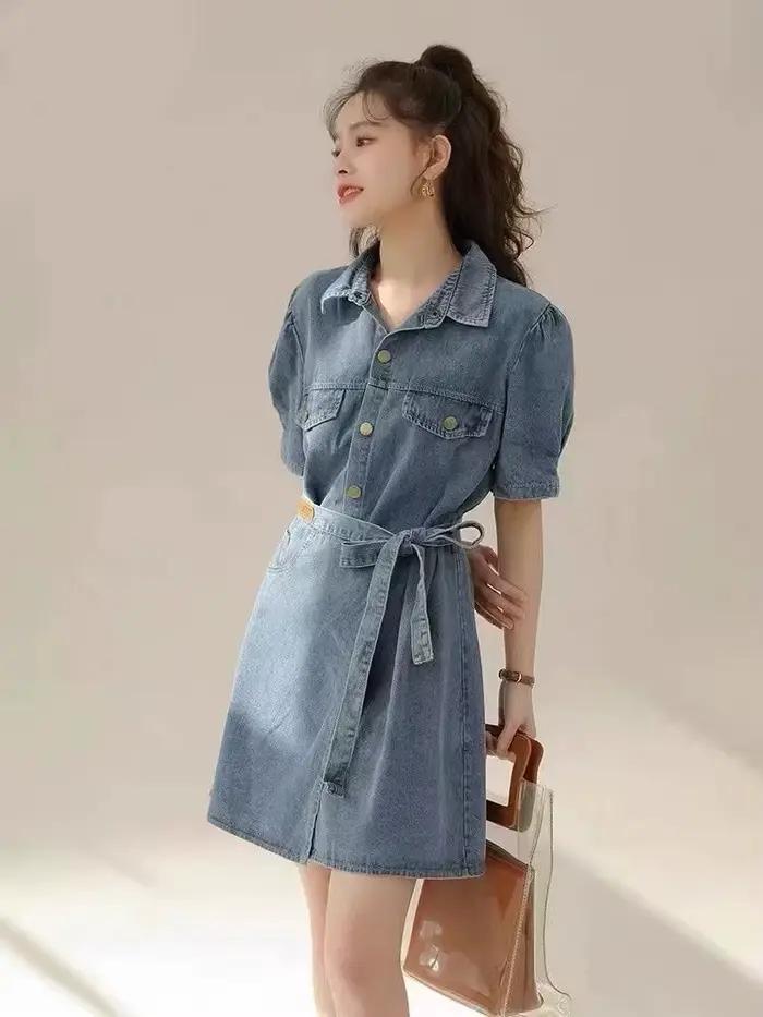 Robe en denim à simple boutonnage pour femme