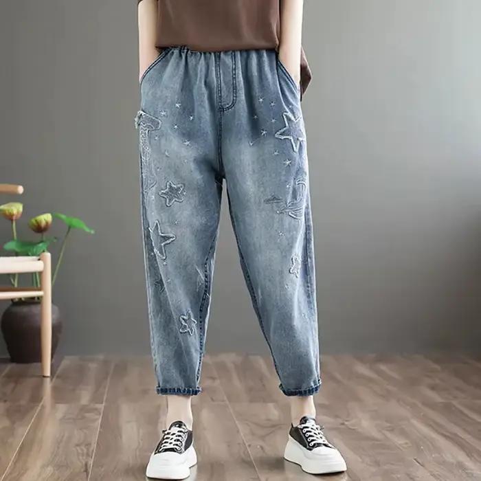 Pantalon Harem En Jean Brodé Femme Printemps Automne Coupe Ample Taille Élastique Style Rétro Décontracté Occasions Spéciales