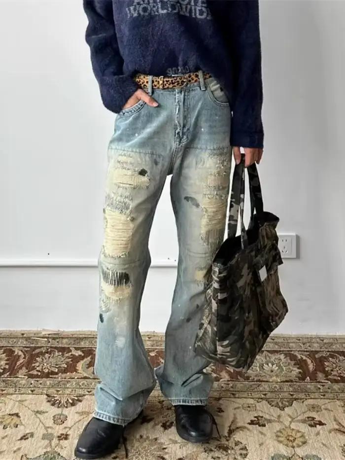 2026 Pantalon en jean déchiré et empilé pour homme