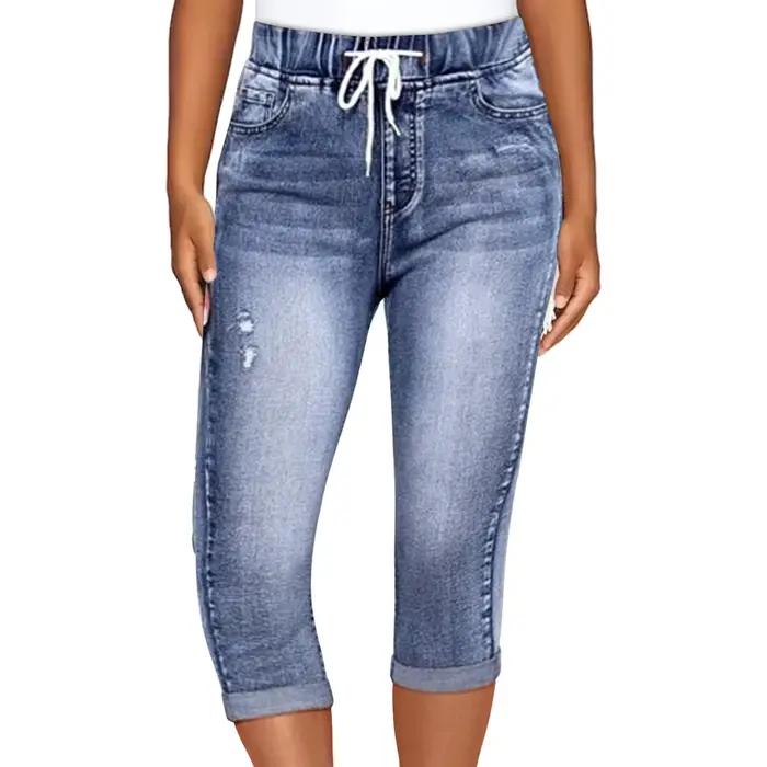Femmes Capri Baggy jean mode mince à lacets taille recadrée Denim pantalon été décontracté