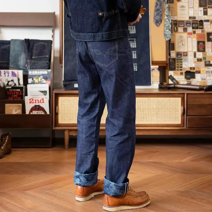 Jeans WUBIN édition limitée en denim indigo naturel et rouge tornade pour homme, élégant et durable, pour toutes les occasions