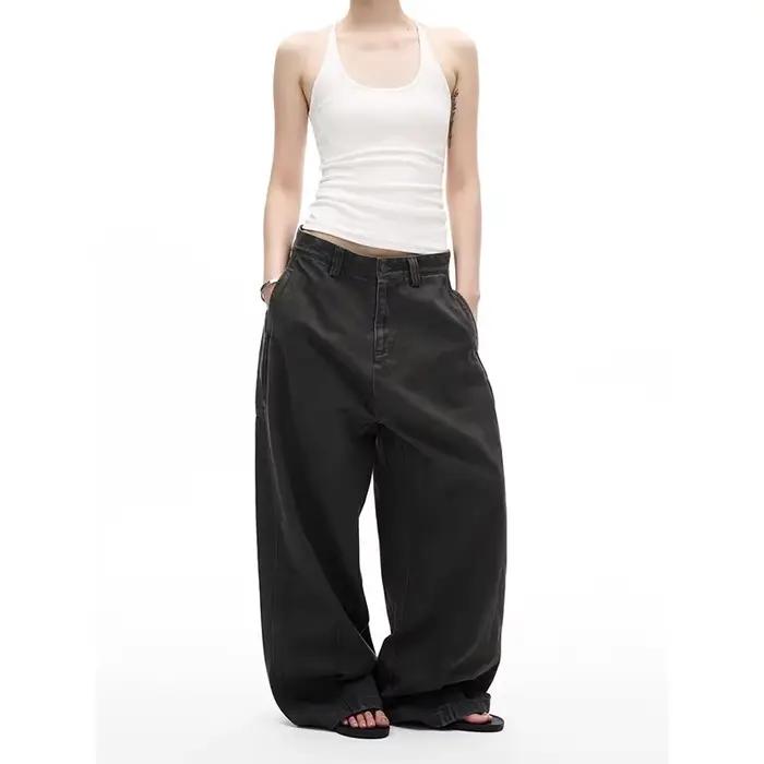 ZHIZOU Jean gris femme coupe large pantalon
