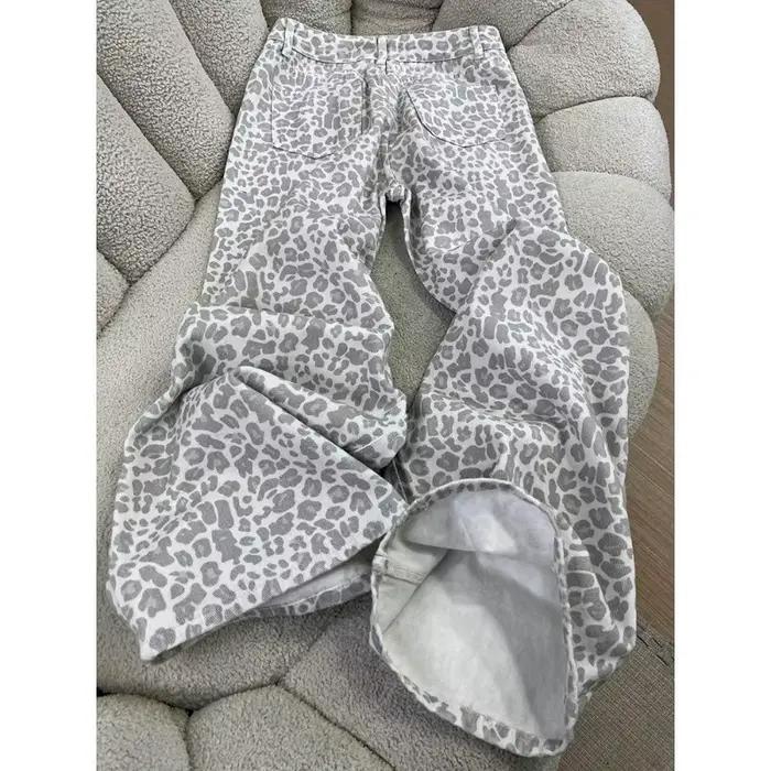 Nouveau Jean Femme 2026 Imprimé Léopard Style Américain Rétro Taille Haute Ample Jambe Large Décontracté Streetwear Longueur Ras du Sol en Denim