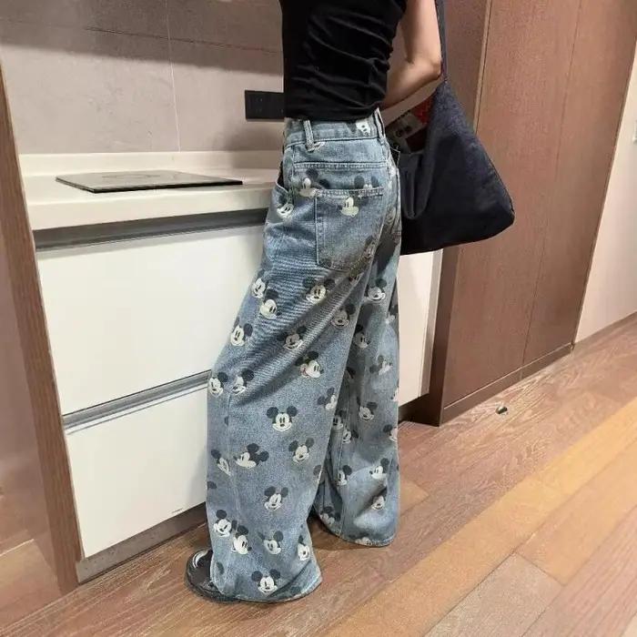 Jeans pour filles de style rétro américain Pantalon ample décontracté pour l'automne printemps impression de dessins animés matériaux coton polyesters adapté aux adolescents occasions sportives cadeaux