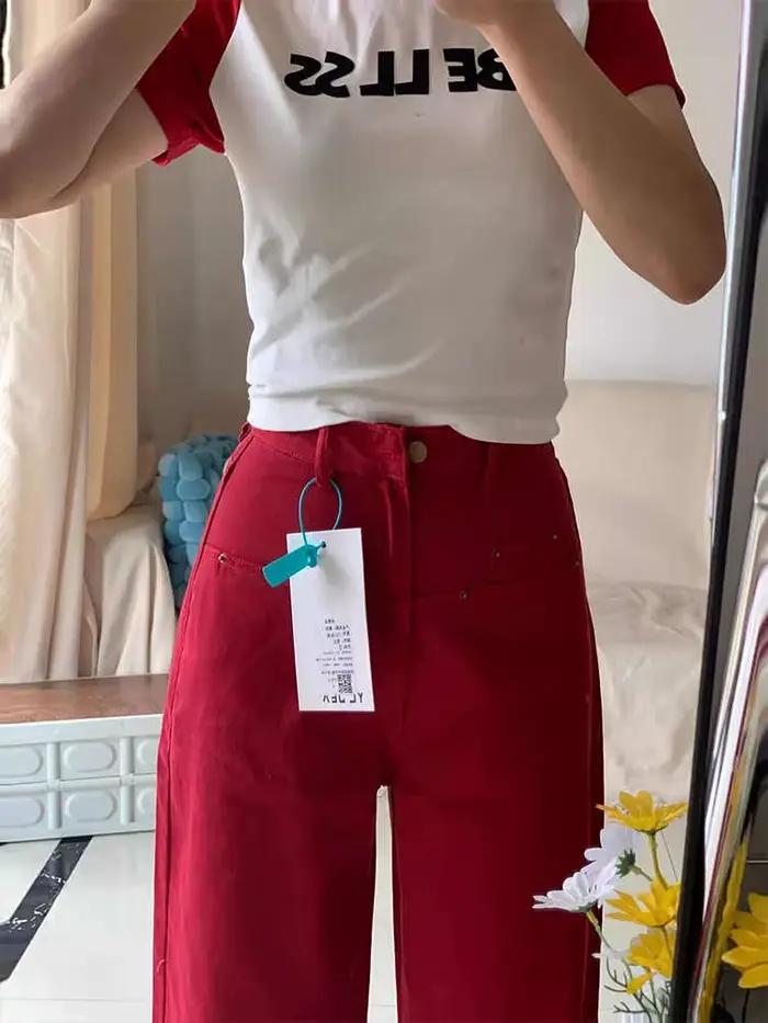Jean rouge de Style américain pour femmes
