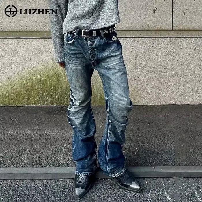 LUZHEN Original Niche Design Streetwear hommes coupe ajustée pantalon en Denim droit 2025 nouveau dégradé lavé plissé jean décontracté JY4511