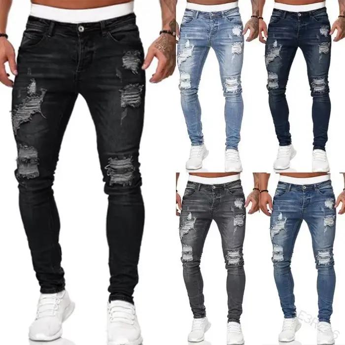 Pantalon en denim homme style punk vintage trou déchiré longueur cheville ajustement mince coupe cintrée