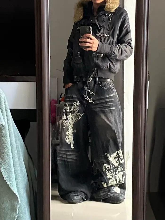 Jeans baggy noirs à imprimé surdimensionné
