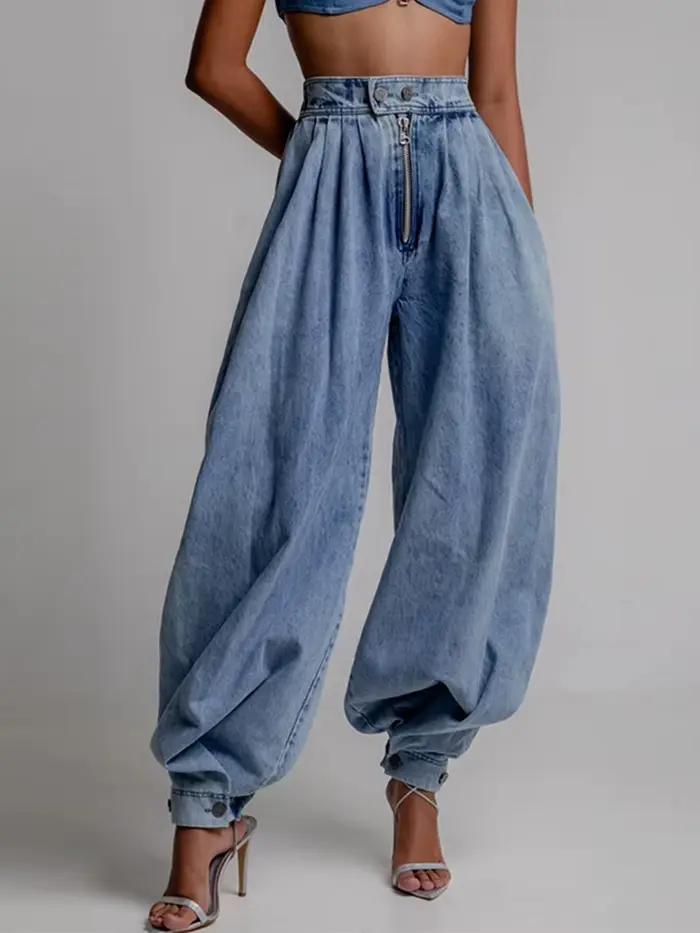 Jean rétro taille haute femme plissé chic et ample pour printemps été mode Y2K ocassionnelle occassionnelle