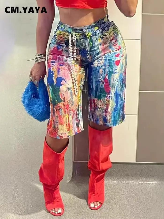 Pantalon denim féminin rétro sexy imprimé graffiti jean déchiré longueur du genou coton élasthanne CM.YAYA