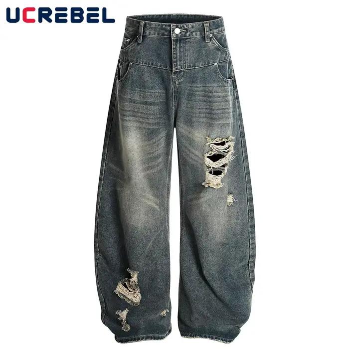 Jean épissé UCREBEL en denim délavé ample pour homme style hip-hop occasions décontractées