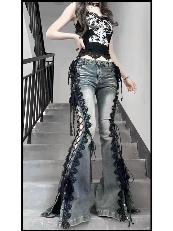 American Retro Lace Strap Slit Denim Bell-bottoms pour femmes